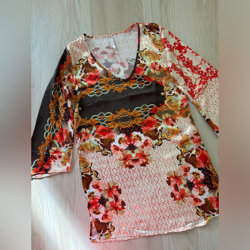 JEAN PIERRE KLIFA Silk Tunic top blouse side slits v-neck flare 3/4 sleeves S